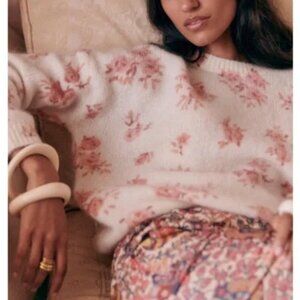Sezane Floral Crew Neck Sweater - White and Pink *See Photos for Defect*